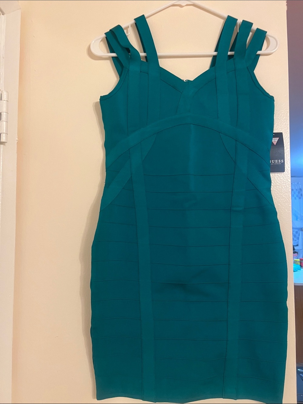 Guess Teal Double-Shoulder Bandage Midi Dress
